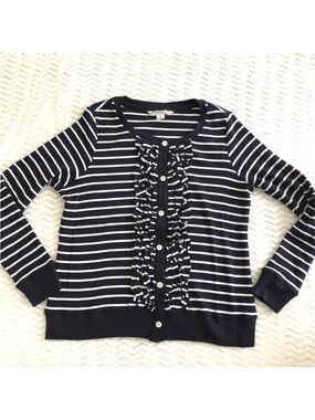 Pendleton Navy & White Striped Ruffle-Front Cardigan Rare EUC